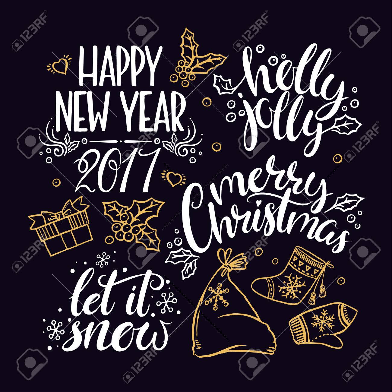 christmas and new year calligraphy phrases on a black background
