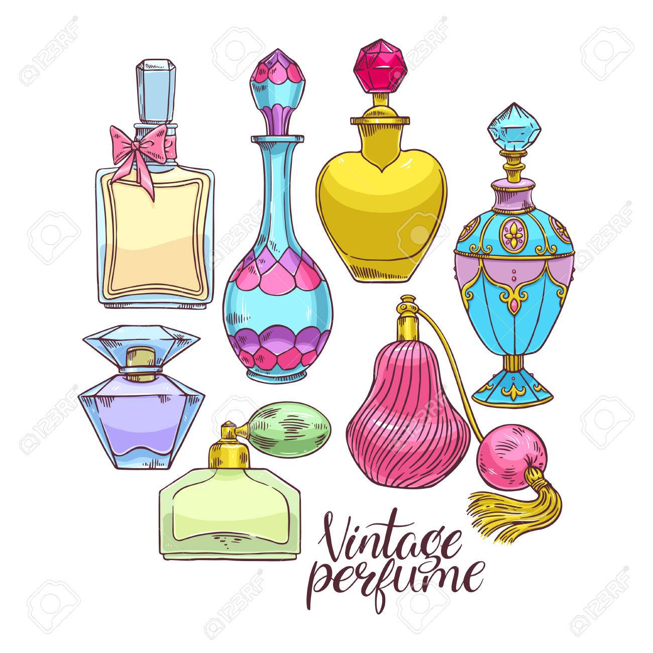 レディース香水瓶の様々 な美しいセットです 手描きイラスト のイラスト素材 ベクタ Image 7305