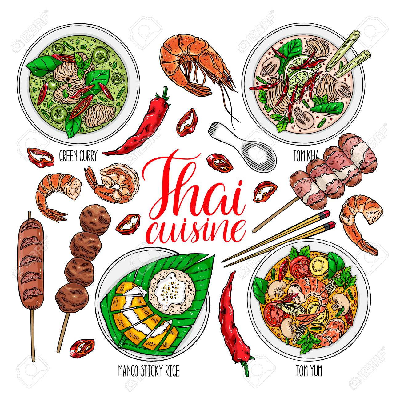 cute set of thai cuisine. Tom Yum kung, Green curry, Tom Kha, fruit sticky rice, shrimps and chili. hand drawn illustration - 93072716 cute set of thai cuisine. Tom Yum kung, Green curry, Tom Kha, fruit sticky rice, shrimps and chili. hand drawn illustration - 93072716