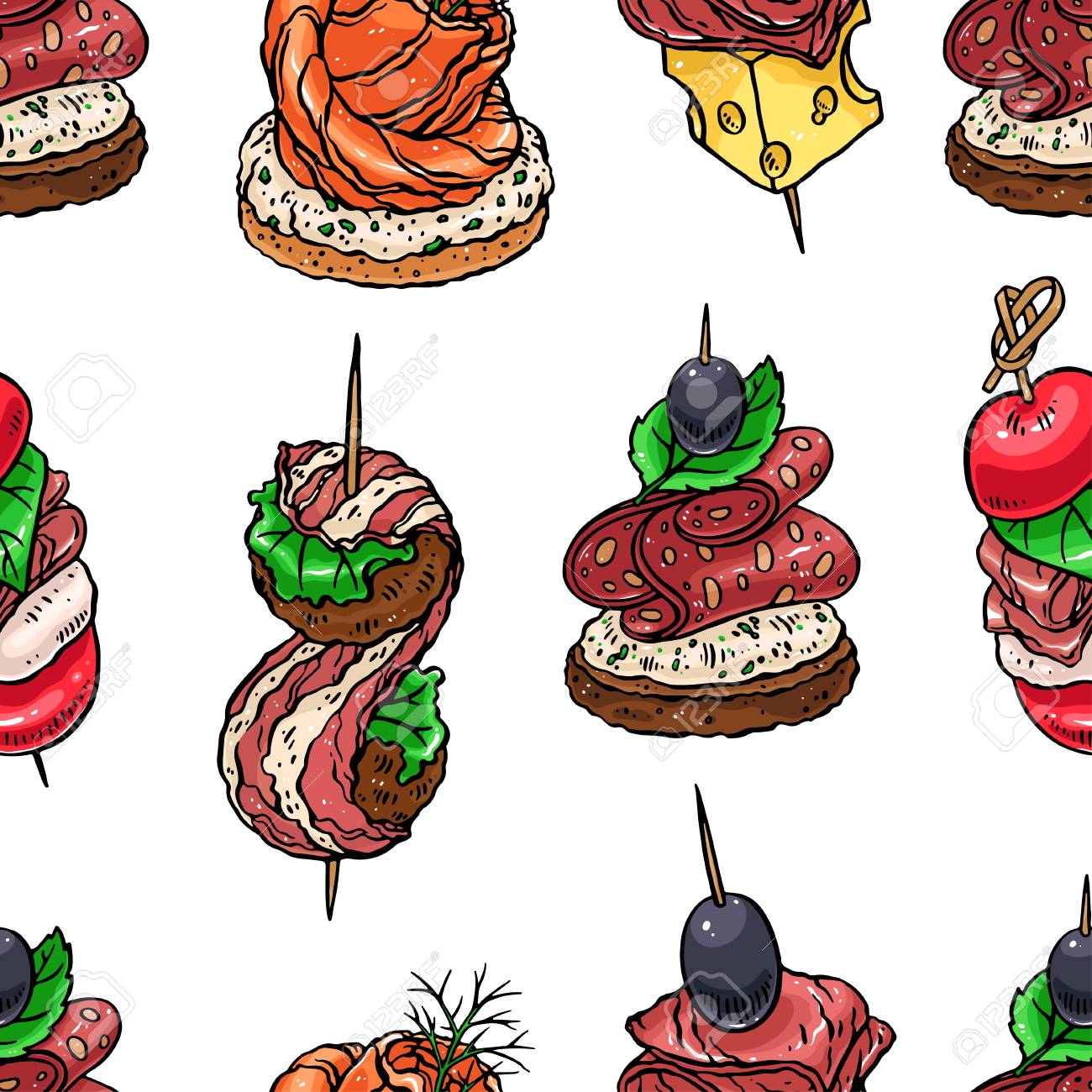 異なるカナッペのかわいいシームレスな背景 手描きのイラストのイラスト素材 ベクタ Image