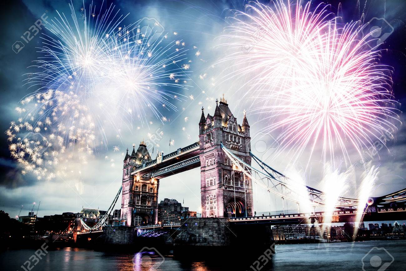 Tower bridge with firework, celebration of the New Year in London, UK - 67033488 Tower bridge with firework, celebration of the New Year in London, UK - 67033488