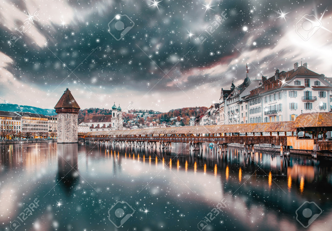 Heavy Snowfall In Lucerne, Switzerland On A Winter Night Stock Photo, Picture and Royalty Free Image. Image 178098094.