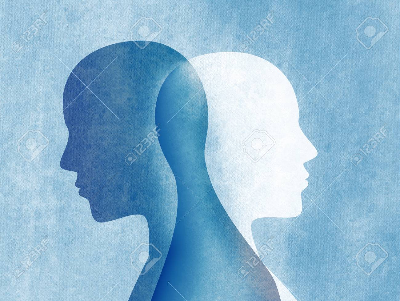 Bipolar disorder mind mental. Split personality. Mood disorder. Dual personality concept. Silhouette on blue background - 110618071 Bipolar disorder mind mental. Split personality. Mood disorder. Dual personality concept. Silhouette on blue background - 110618071