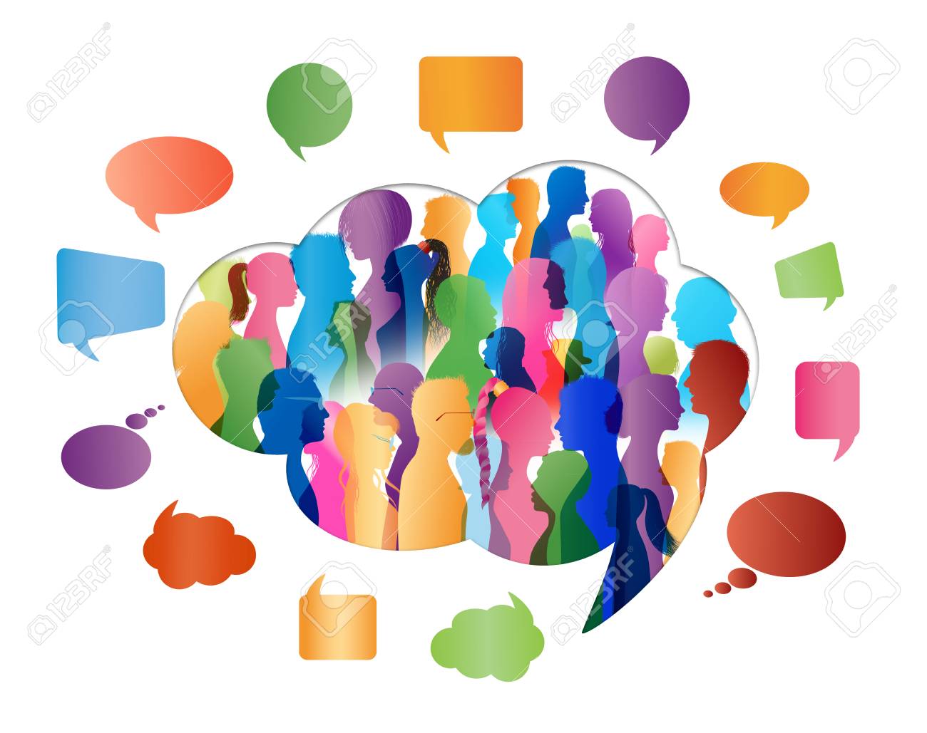 Crowd talking. Group of people talking. Speech bubble. Communication. Colored silhouette people profile in cloud shape - 113583432 Crowd talking. Group of people talking. Speech bubble. Communication. Colored silhouette people profile in cloud shape - 113583432