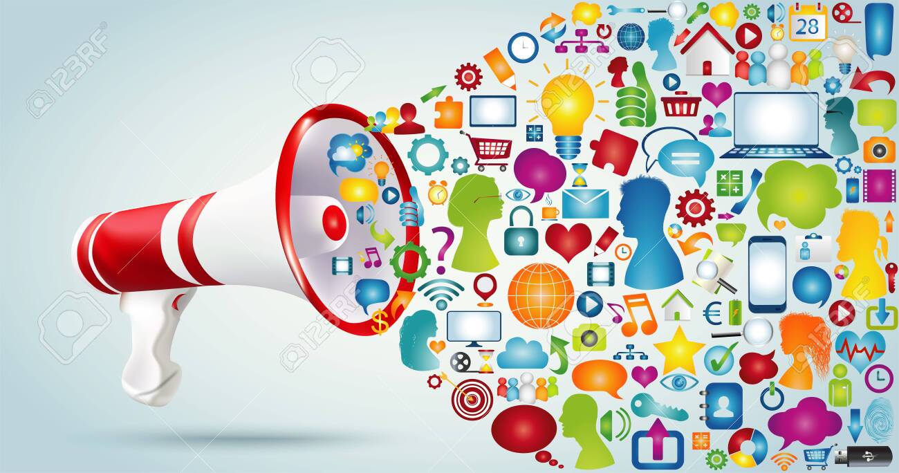 Share And Exchange Ideas And Data Talk To Communicate In The Network Discuss Via The Web Message And Chat Megaphone With Application Icon Symbols Connection Between A Group Of Friends Stock Photo