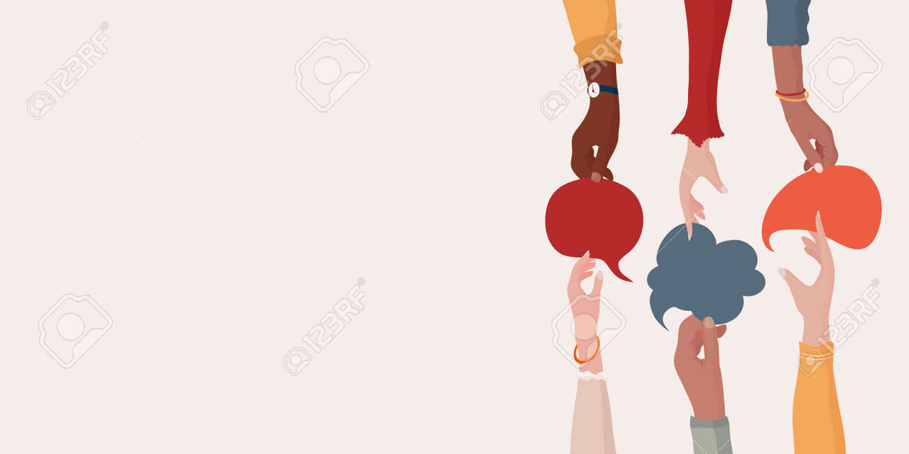 Agreement or affair between a group of colleagues or collaborators.Diversity People who exchange information.Arms and hands holding speech bubble.Concept of sharing and exchange. Banner - 167413658 Agreement or affair between a group of colleagues or collaborators.Diversity People who exchange information.Arms and hands holding speech bubble.Concept of sharing and exchange. Banner - 167413658