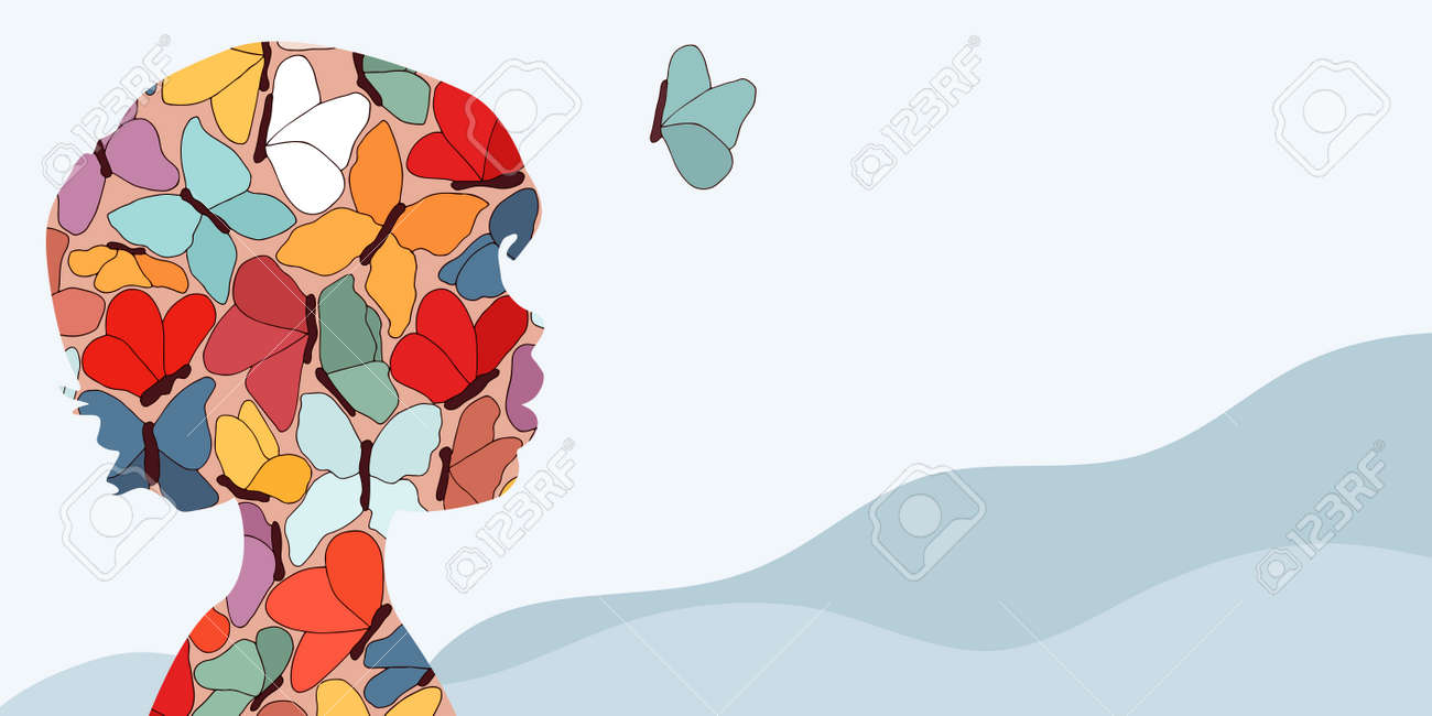 Autism syndrome concept. Puzzle of butterflies that forms a child's head in profile. Learning support and education. Neurological Disease. Mind and brain.Conceptual. Banner copy space - 167488201 Autism syndrome concept. Puzzle of butterflies that forms a child's head in profile. Learning support and education. Neurological Disease. Mind and brain.Conceptual. Banner copy space - 167488201