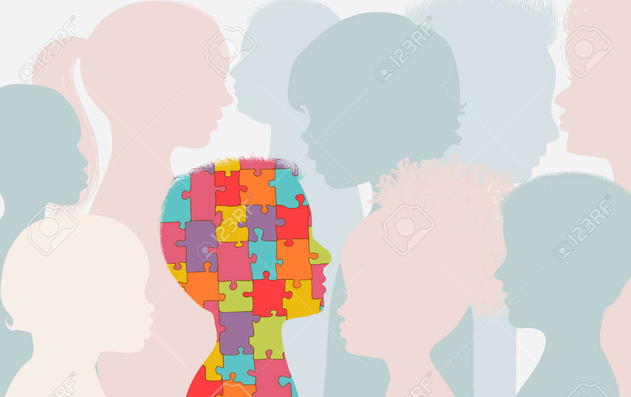 Autism syndrome concept. Jigsaw Puzzle that forms the head of a child s profile With other children background. Learning support and education. Neurological Disease. Mind and brain - 167527972 Autism syndrome concept. Jigsaw Puzzle that forms the head of a child s profile With other children background. Learning support and education. Neurological Disease. Mind and brain - 167527972