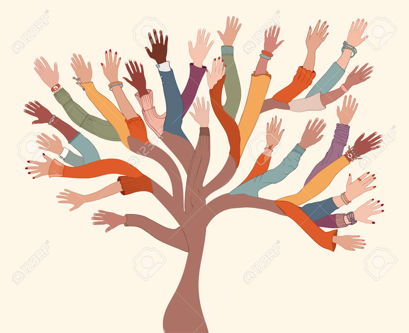 Group of hands of diverse and multi-ethnic people.Tree with branches made of human hands and arms.Community concept - racial equality - cooperation - friendship.Diversity people teamwork - 167897528 Group of hands of diverse and multi-ethnic people.Tree with branches made of human hands and arms.Community concept - racial equality - cooperation - friendship.Diversity people teamwork - 167897528