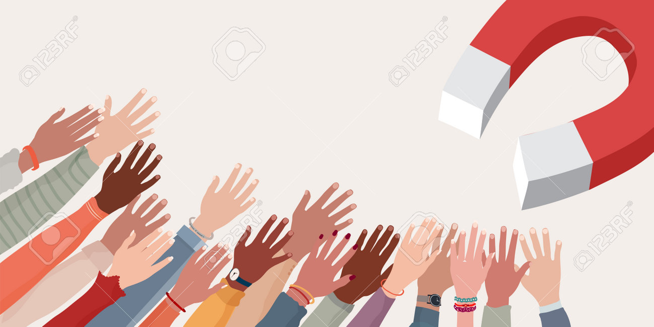 Recruitment.People recruiting concept.Magnet that attracts arms and raised hands of diverse and multicultural people. Occupation.Successful communication and partnership.Banner copy space - 168103207 Recruitment.People recruiting concept.Magnet that attracts arms and raised hands of diverse and multicultural people. Occupation.Successful communication and partnership.Banner copy space - 168103207