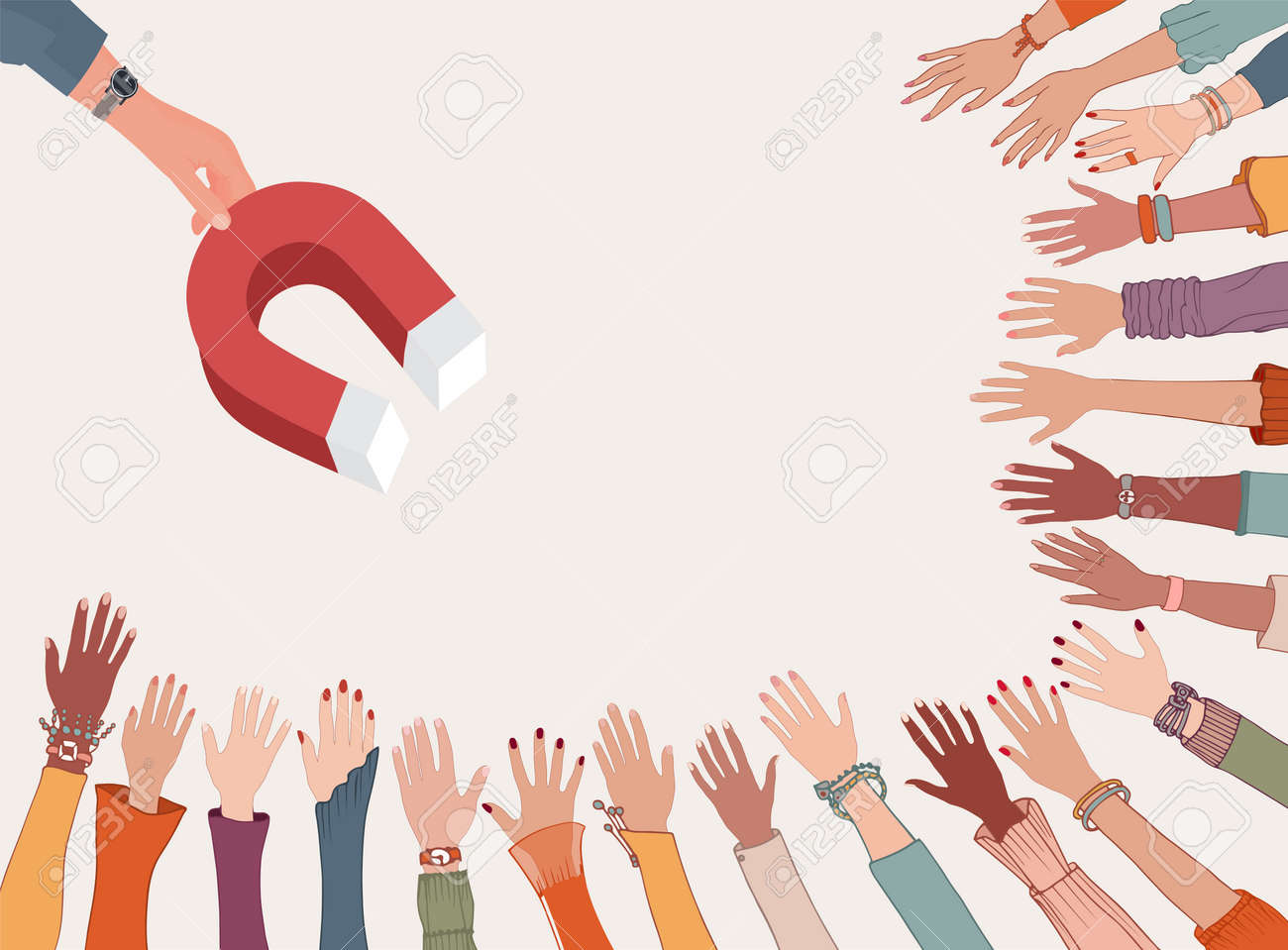 Professional influencer or leader concept. Ability to persuade and motivate. Leadership. Training. Hand holding a magnet which attracts many hands diverse people. Followers - 168150043 Professional influencer or leader concept. Ability to persuade and motivate. Leadership. Training. Hand holding a magnet which attracts many hands diverse people. Followers - 168150043