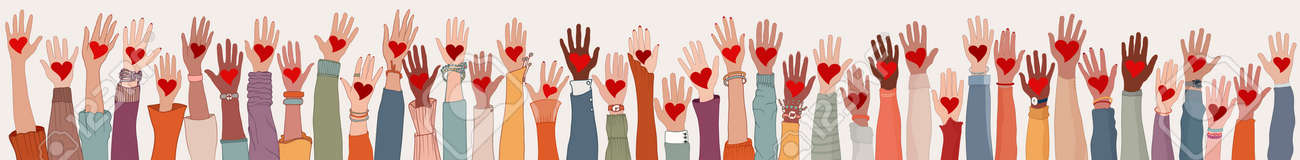 Large Group of diverse people with heart in hand. Arms and hands raised. Charity donation and volunteer work. People diversity. Support and assistance. Multicultural community. Teamwork - 168734268 Large Group of diverse people with heart in hand. Arms and hands raised. Charity donation and volunteer work. People diversity. Support and assistance. Multicultural community. Teamwork - 168734268