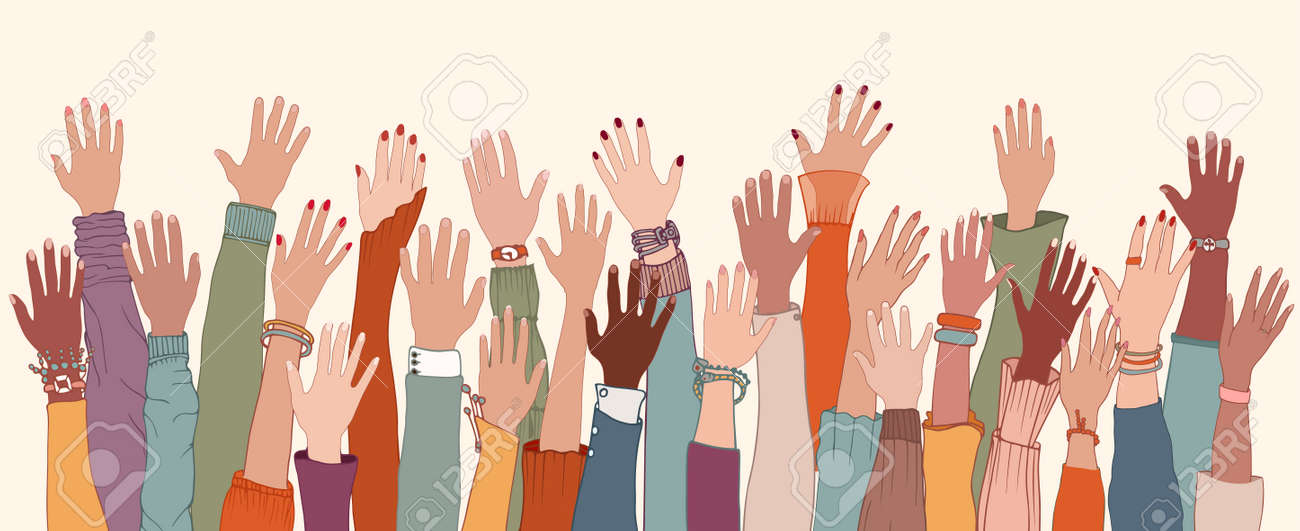 Group of diverse people with raised arms and hands.Work team.Support and assistance.People diversity. Multicultural and multiethnic community.Racial equality.Collaboration. Communication - 169064604 Group of diverse people with raised arms and hands.Work team.Support and assistance.People diversity. Multicultural and multiethnic community.Racial equality.Collaboration. Communication - 169064604