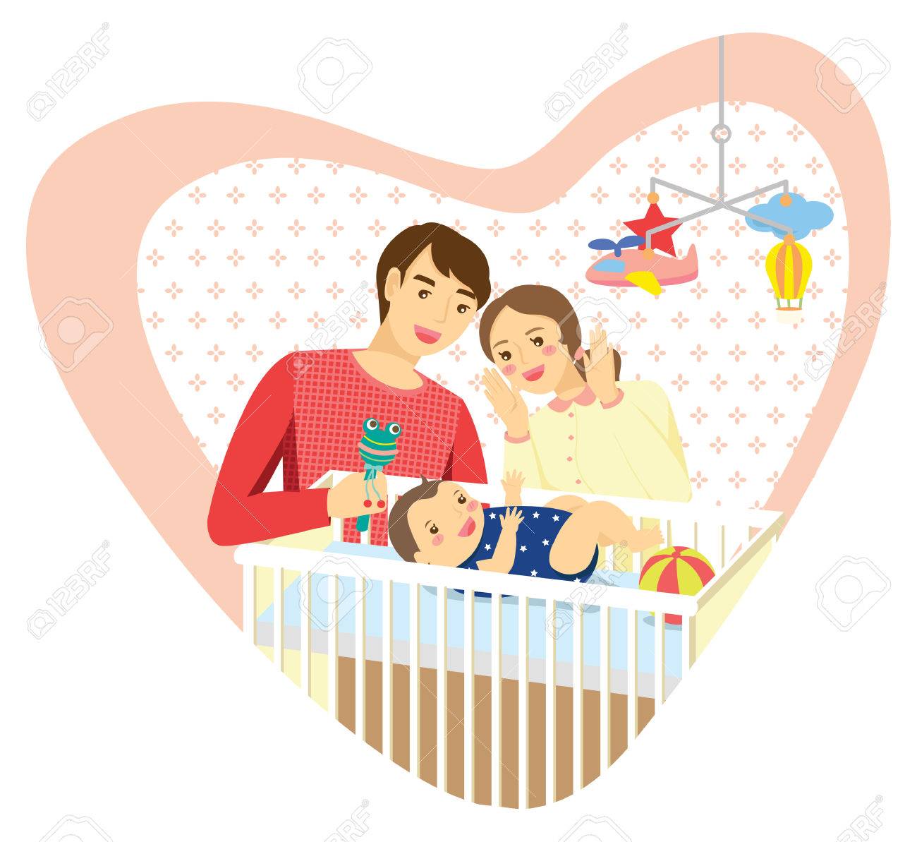 パターンの背景にハート形のフレームで赤ちゃん連れのご家族 ピーカブーを遊んで ベッドで横になっている男の子のママです パパの赤ちゃん のガラガラを保持しています のイラスト素材 ベクタ Image
