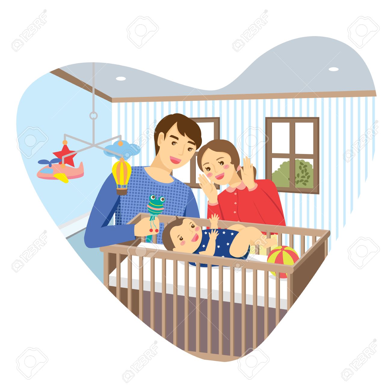 Family with baby in bedroom with heart shape frame. Mommy playing peekaboo with baby boy lying in a cot. Daddy holding baby rattle. - 53826069 Family with baby in bedroom with heart shape frame. Mommy playing peekaboo with baby boy lying in a cot. Daddy holding baby rattle. - 53826069