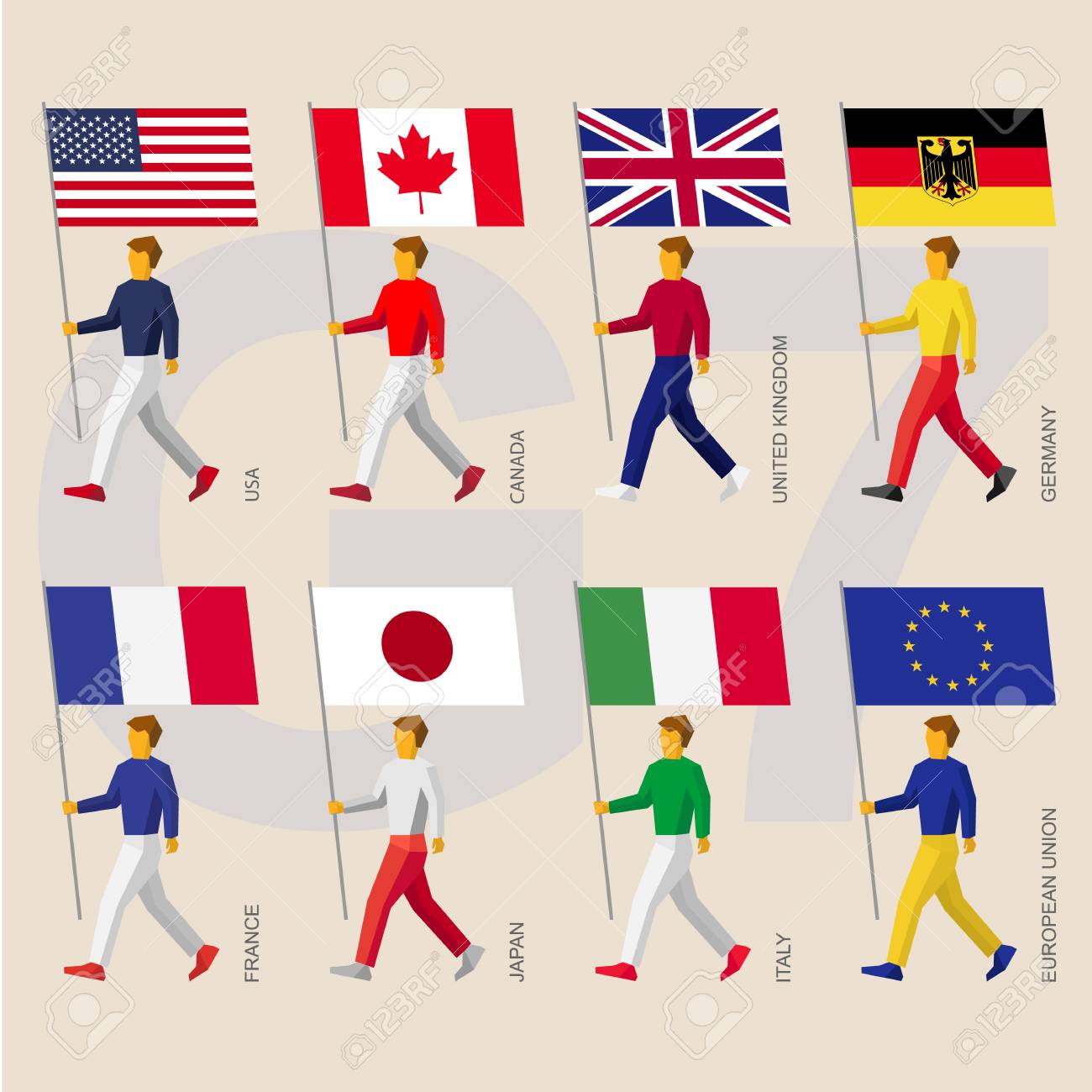 7 つのグループ G7 と欧州連合の旗の簡単なフラット人々 のセットです 旗手インフォ グラフィック アメリカ カナダ イギリス ドイツ フランス 日本 イタリア Eu のイラスト素材 ベクタ Image