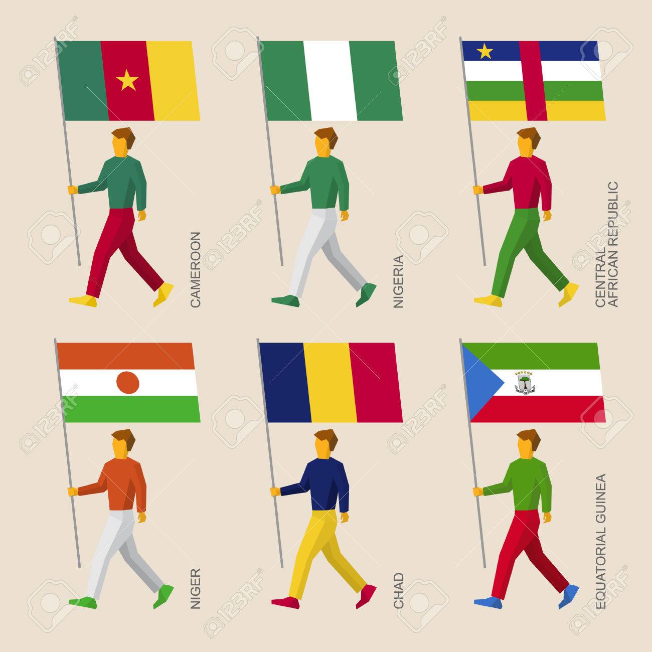 Satz Einfache Flache Leute Mit Flaggen Der Afrikanischen Lander Standard Trager Infografik Niger Nigeria Tschad Aquatorialguinea Kamerun Zentralafrikanische Republik Lizenzfrei Nutzbare Vektorgrafiken Clip Arts Illustrationen Image 73211662