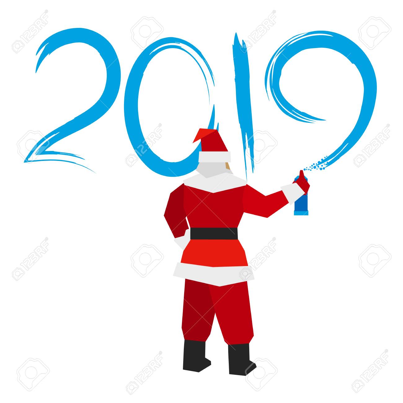 Santa Claus With Sprayer Writes Number 2019 Painter Draw A Holiday