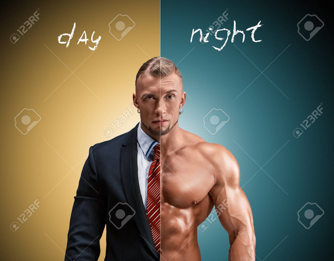 黄 青の背景に魅力的な男性のビジネス スーツで それなし 美しさと強さ そして昼と夜の天使のイメージと悪魔間のコントラストの概念 の写真素材 画像素材 Image