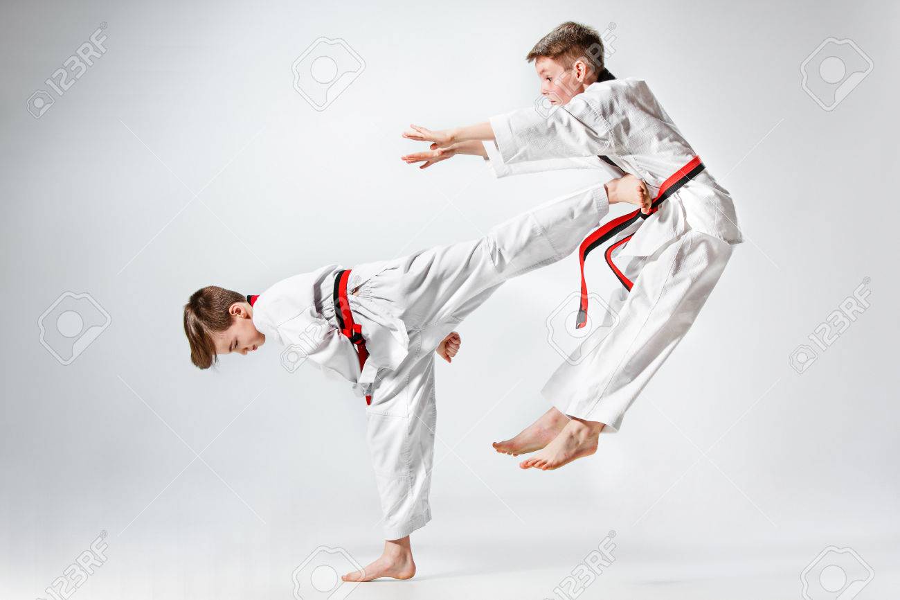 The Studio Shot Of Group Of Kids Training Karate Martial Arts Stock Photo,  Picture and Royalty Free Image. Image 75551554.