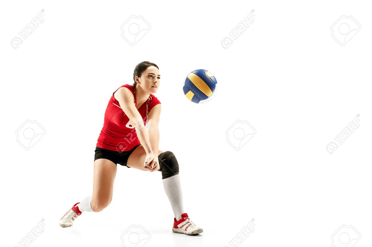 Female professional volleyball player isolated on white with ball. - 113940412 Female professional volleyball player isolated on white with ball. - 113940412