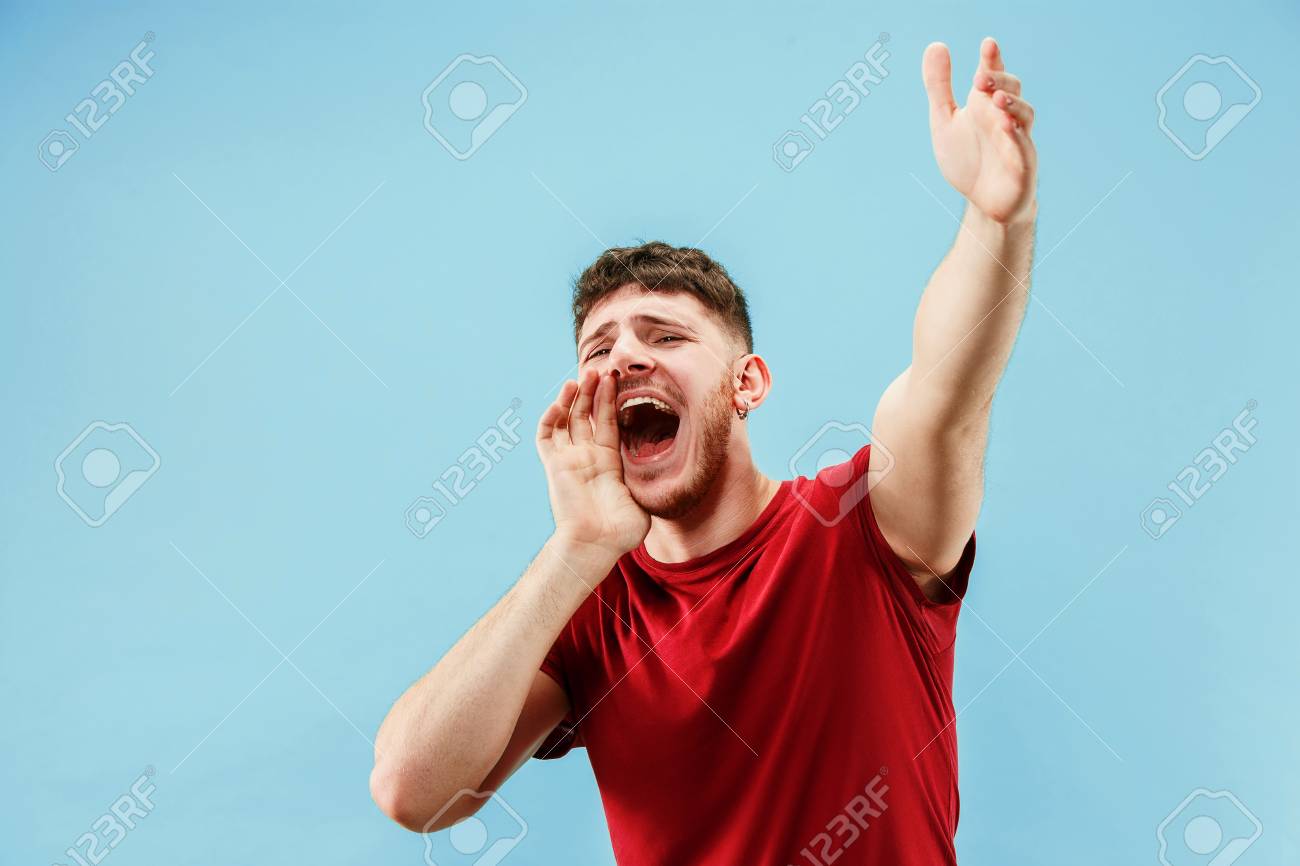 Do Not Miss. Young Casual Man Shouting. Shout. Crying Emotional Man  Screaming On Blue Studio Stock Photo, Picture and Royalty Free Image. Image  115526147.