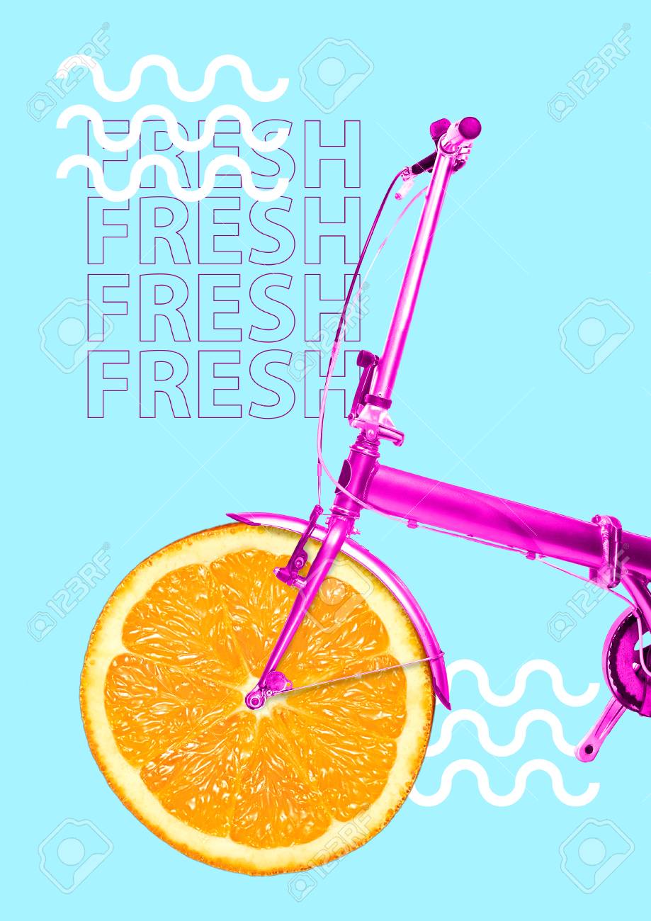 Vitamin delivery. Get your dose of juicy colors and freshness. Bike with orange as a wheel and pink base against blue background. Health food concept. Modern design. Contemporary art collage. - 120056440 Vitamin delivery. Get your dose of juicy colors and freshness. Bike with orange as a wheel and pink base against blue background. Health food concept. Modern design. Contemporary art collage. - 120056440