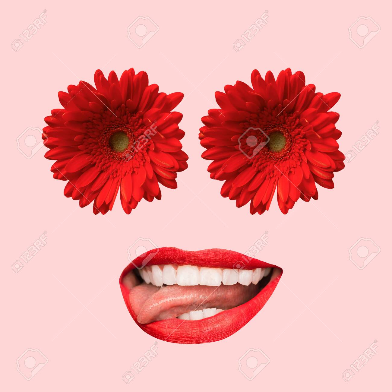 Female face with big red mouth and eyes as a flowers on coral..