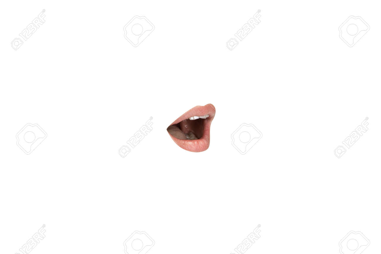 Close-up view of female mouth wearing lipstick isolated on white studio background. Emotions showing, copyspace ready for advertising or design. Expression, beauty, sensuality, fashion concept. - 154133899 Close-up view of female mouth wearing lipstick isolated on white studio background. Emotions showing, copyspace ready for advertising or design. Expression, beauty, sensuality, fashion concept. - 154133899