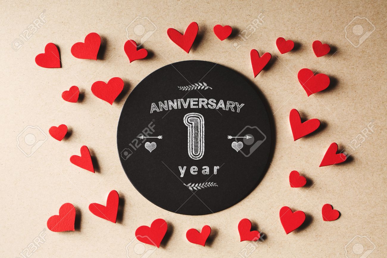 anniversary 1 year message with handmade small paper hearts stock