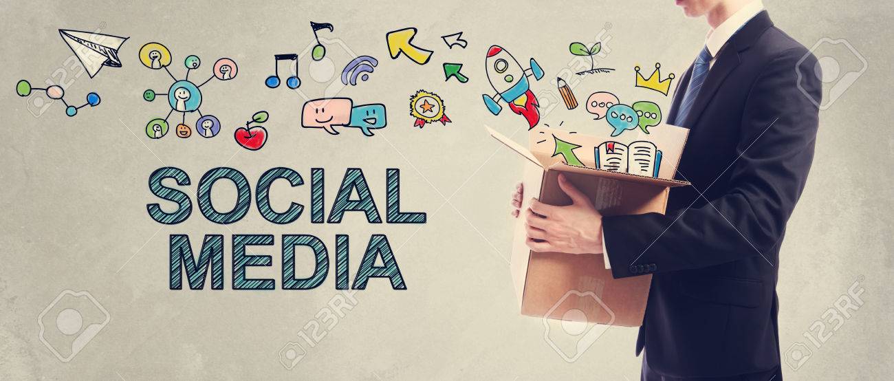 Social Media concept with businessman holding a cardboard box - 56468052 Social Media concept with businessman holding a cardboard box - 56468052