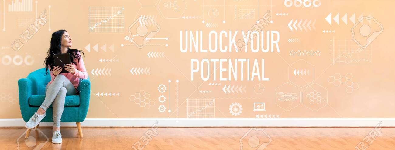 Unlock your potential with young woman holding a tablet computer in a chair - 125954300 Unlock your potential with young woman holding a tablet computer in a chair - 125954300