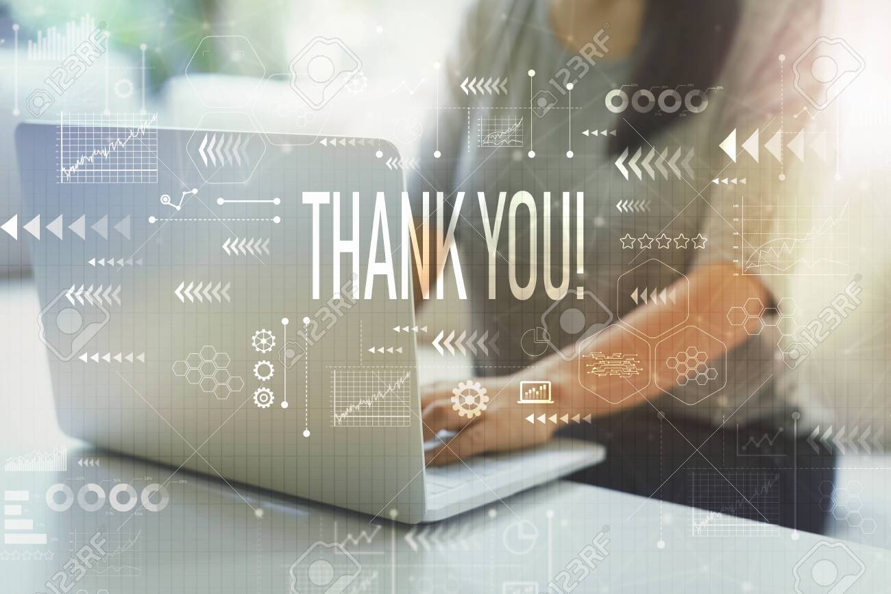 Thank you with woman using her laptop in her home office - 130832210 Thank you with woman using her laptop in her home office - 130832210
