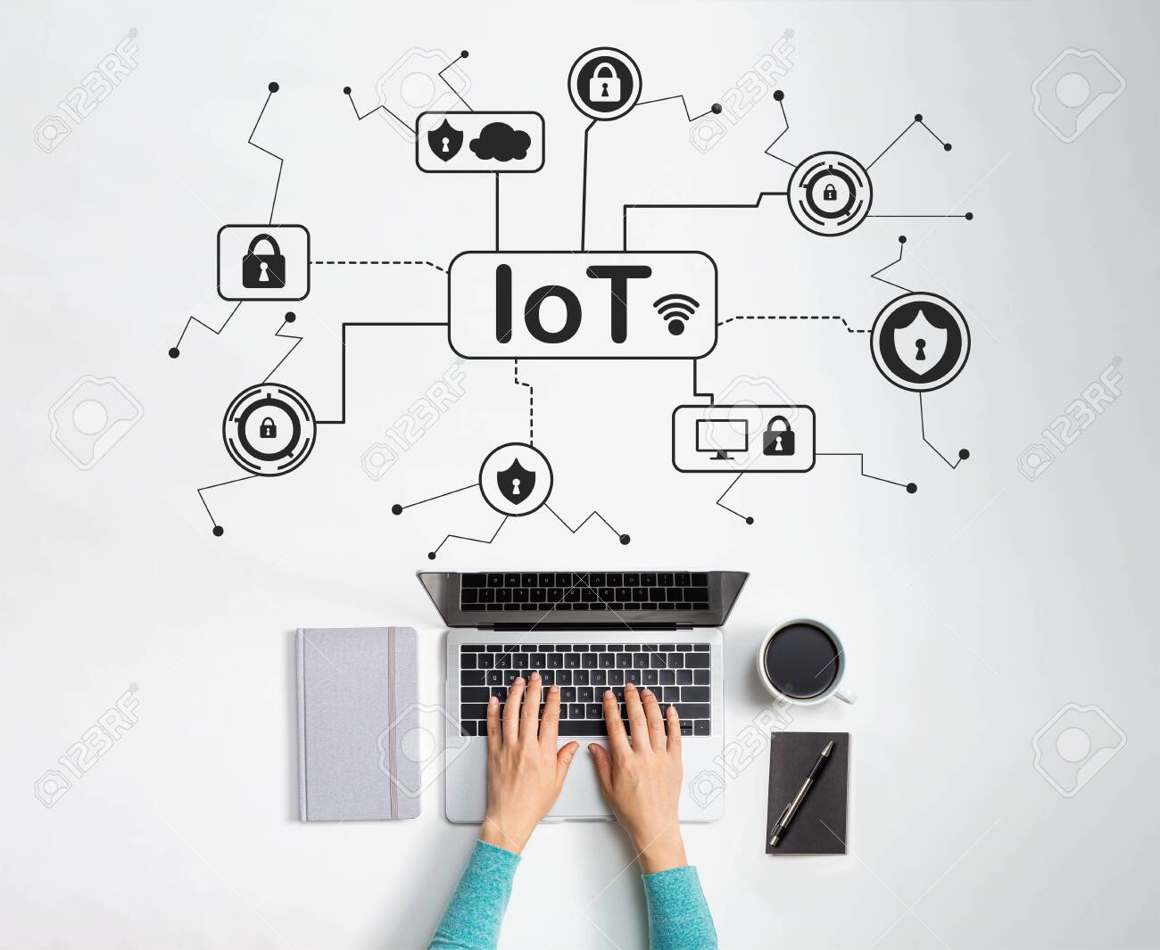 IoT security theme with person using a laptop - 132025938 IoT security theme with person using a laptop - 132025938