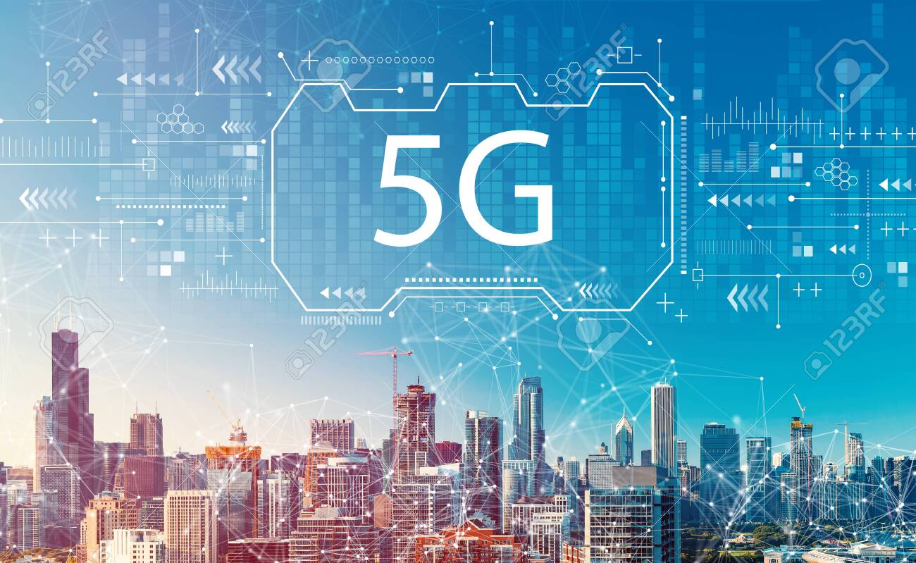 5G network with downtown Chicago cityscape skyscrapers - 132171990 5G network with downtown Chicago cityscape skyscrapers - 132171990