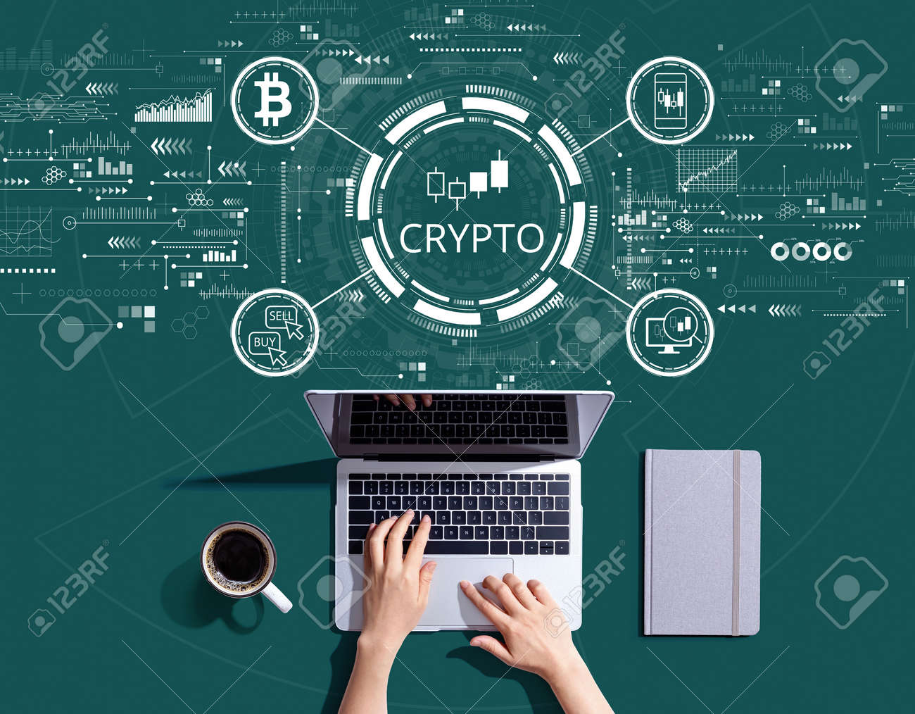 Crypto Trading Theme With Person Using A Laptop Stock Photo, Picture and  Royalty Free Image. Image 183247869.