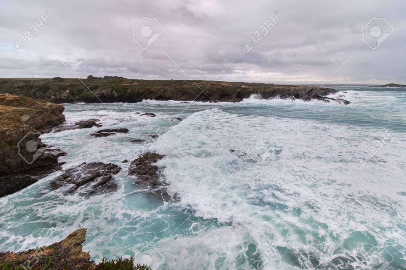 landscape view of porto covo rough coastline sea stock photo