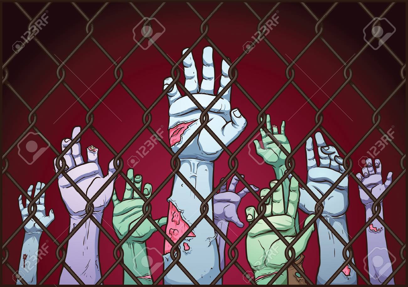 Zombie hands behind a fence. Vector clip art illustration with simple gradients. Fence, background and hands on separate layers. - 50221272 Zombie hands behind a fence. Vector clip art illustration with simple gradients. Fence, background and hands on separate layers. - 50221272