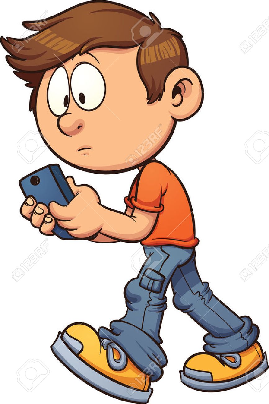 cartoon boy texting while walking vector clip art illustration