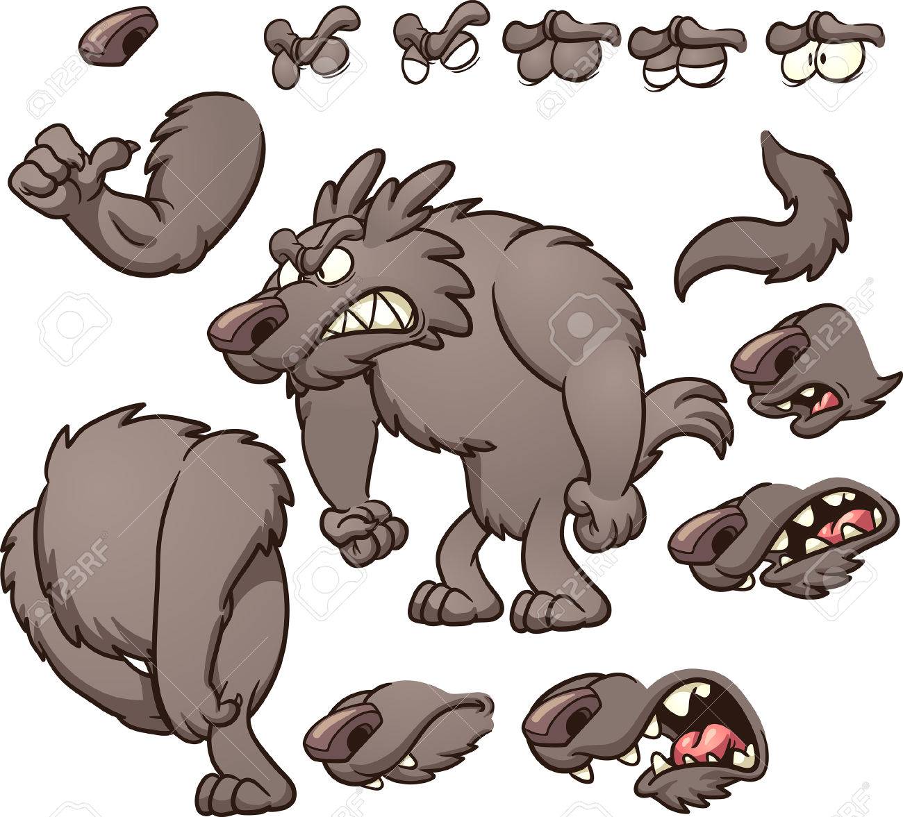 Chien De Loup De Dessin Animé Avec Différentes Bouche Et Bras Pose Illustration De Clipart Vectoriel Avec Des Dégradés Simples Chaque élément Sur Un