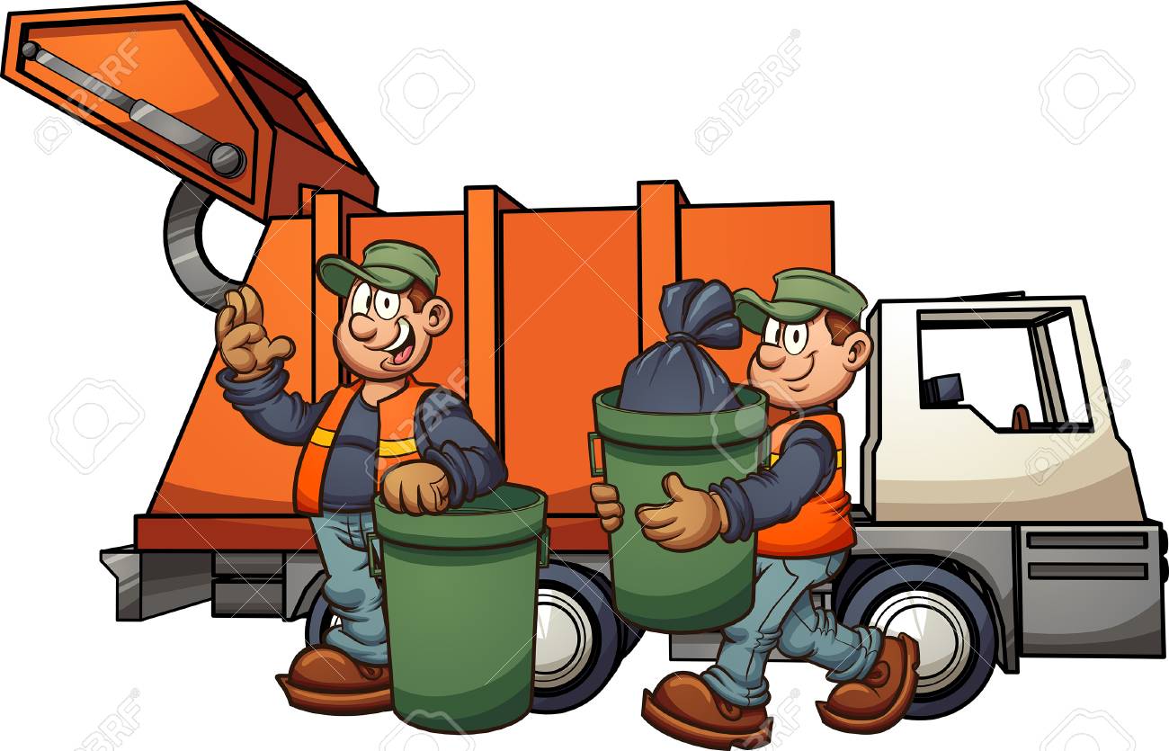 Cartoon garbage men with truck, picking up trash. Vector clip art illustration with simple gradients. Some elements on separate layers. - 104359570 Cartoon garbage men with truck, picking up trash. Vector clip art illustration with simple gradients. Some elements on separate layers. - 104359570
