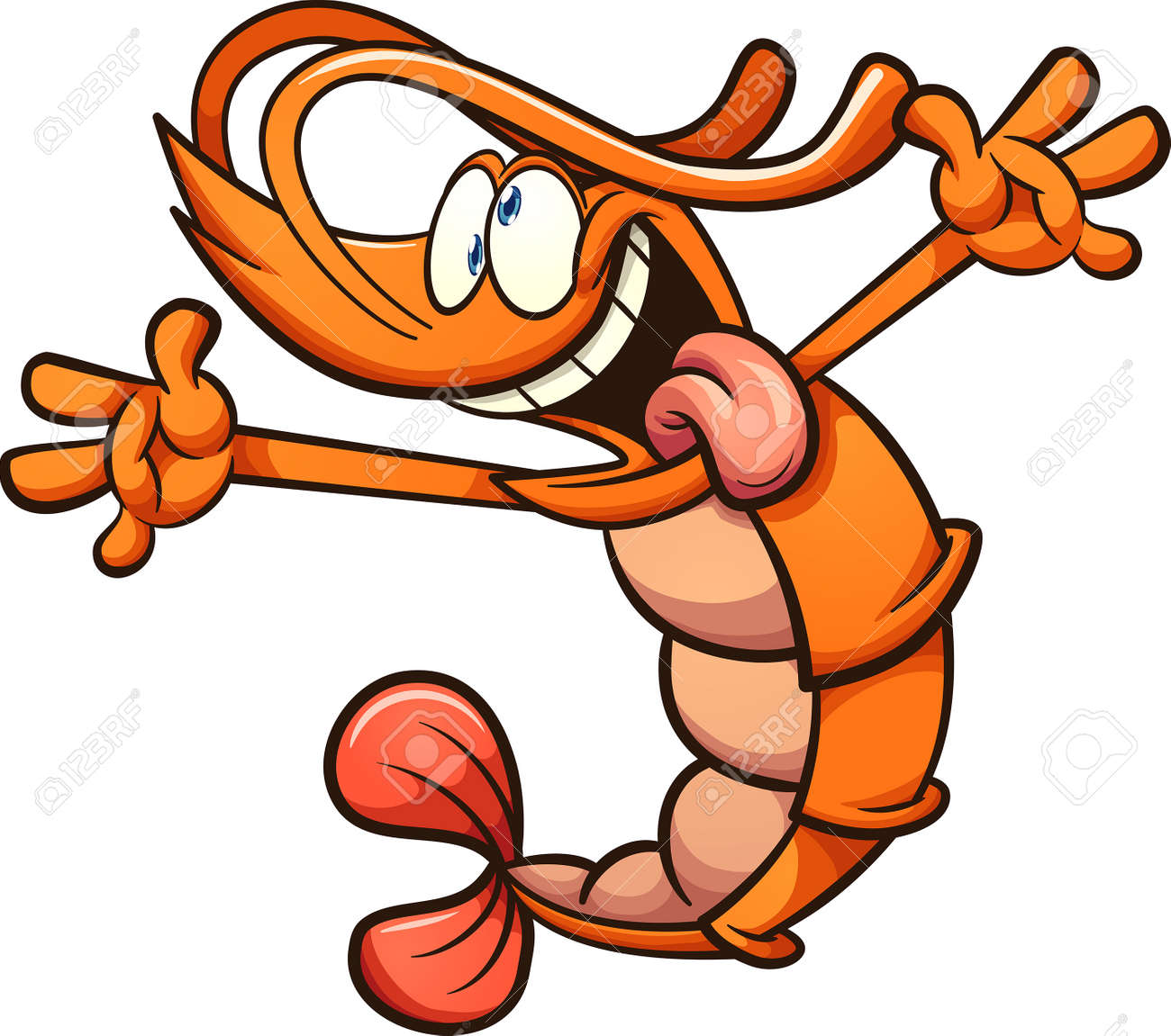 Crazy cartoon shrimp with extended arms and tongue out. Vector clip art illustration with simple gradients. All on a single layer. - 158297748 Crazy cartoon shrimp with extended arms and tongue out. Vector clip art illustration with simple gradients. All on a single layer. - 158297748