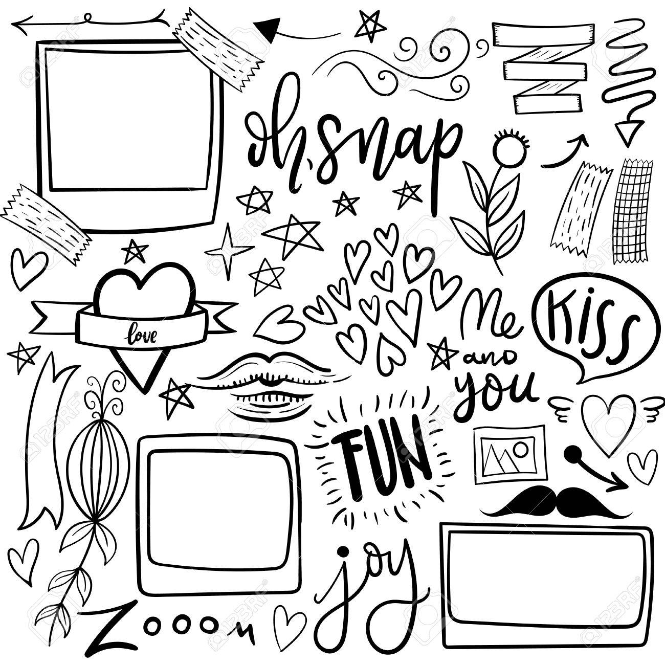 キュートで乙女チックな描かれた落書きステッカーのセットです 面白い シンプルでおしゃれなイラスト シンプルなアイコン ハートとリボン のイラスト素材 ベクタ Image