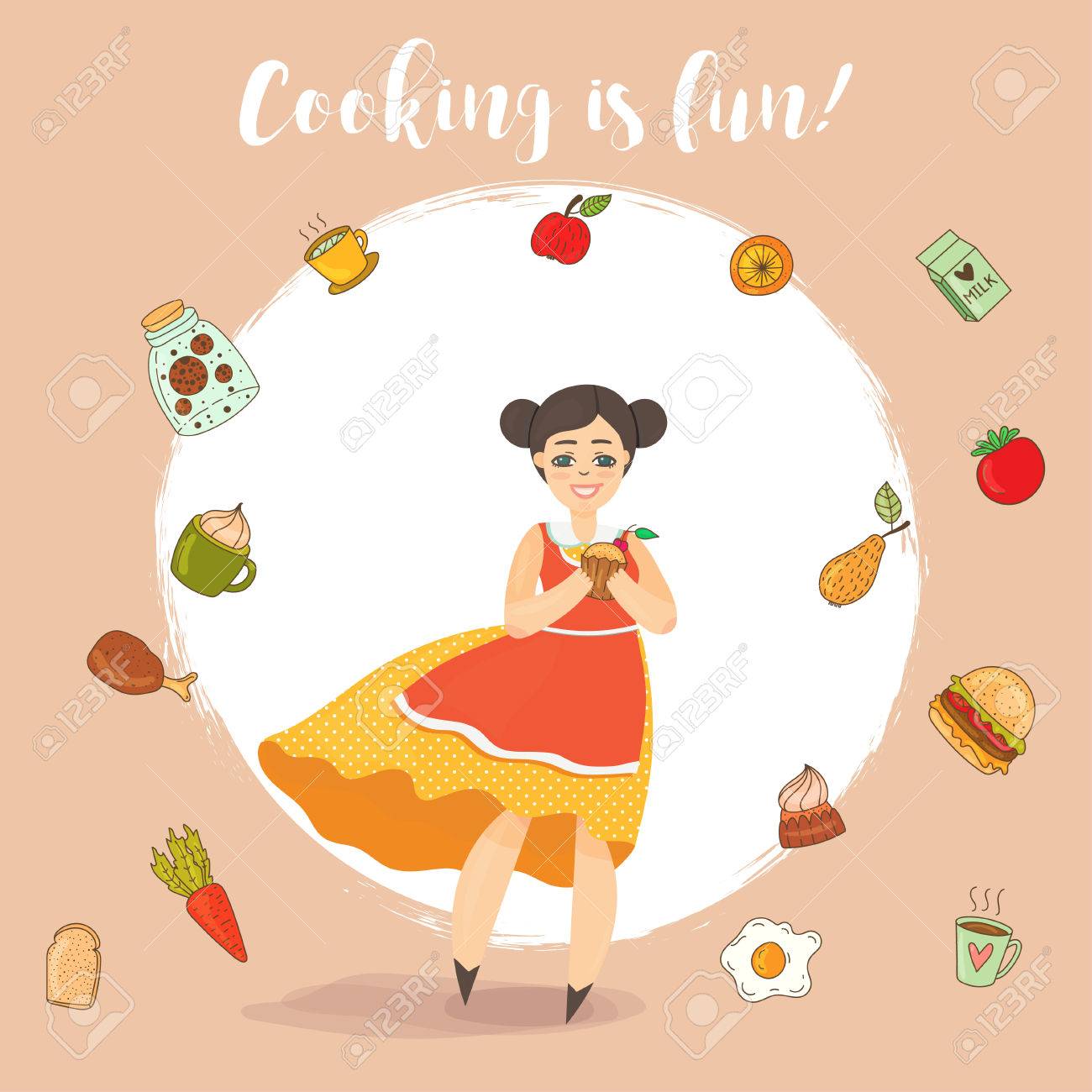 手描き朝食用食品とアイコンのセットは セットを落書き 学校給食の献立 かわいい女の子のベクトル キャラ イラストを料理します のイラスト素材 ベクタ Image