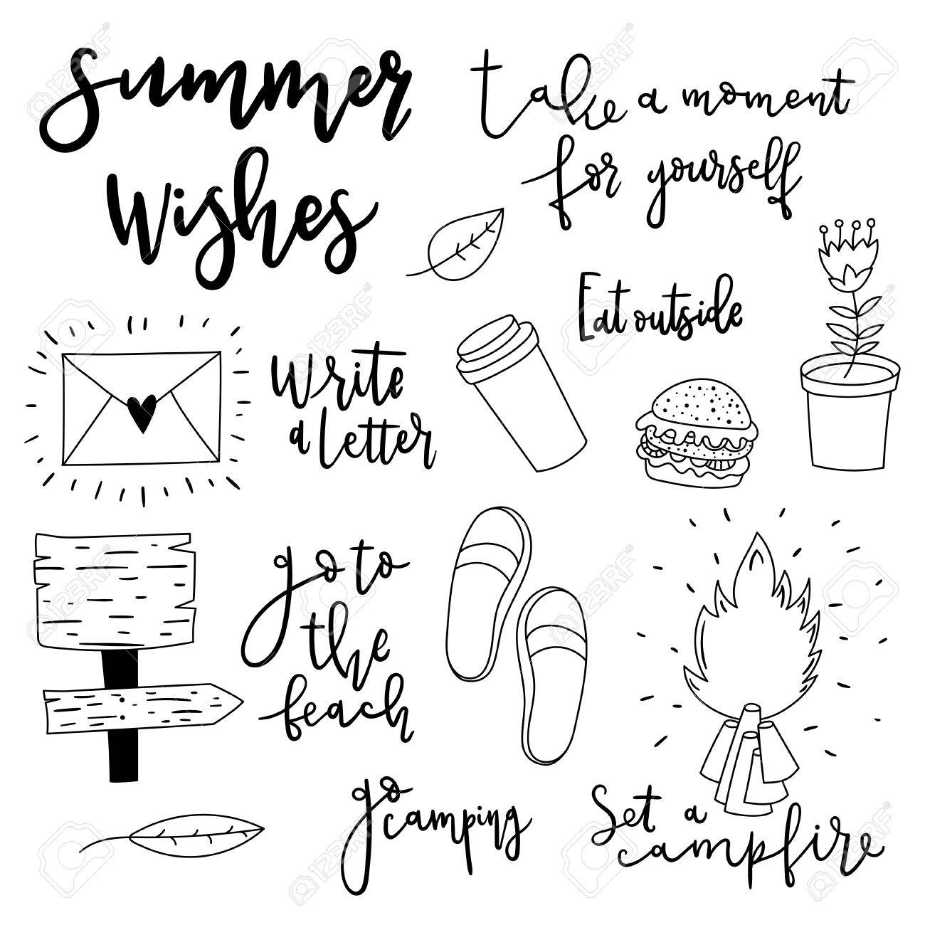 シンプルな手描き落書き線のアイコンのセットです 夏かわいいアウトドア ベクトル イラストやレタリング のイラスト素材 ベクタ Image