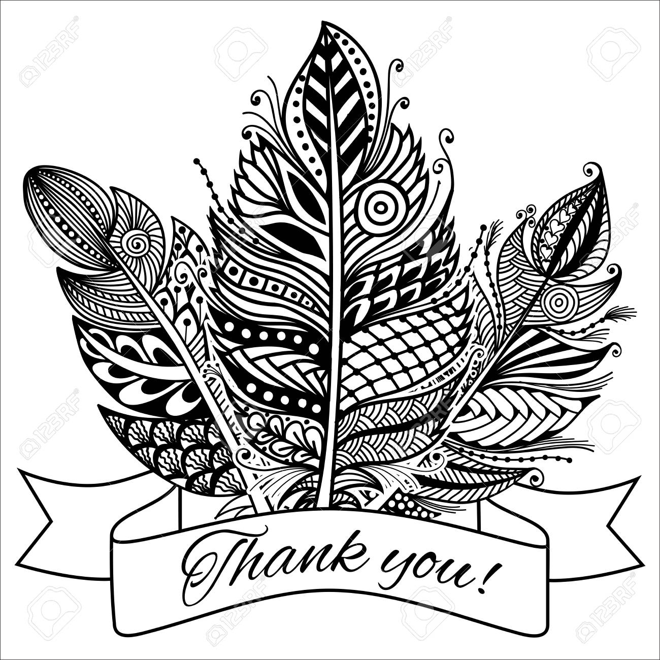 白地に手描き下ろし Zentangle 羽 装飾的な羽を持つカード ベクトル図を分離しました のイラスト素材 ベクタ Image