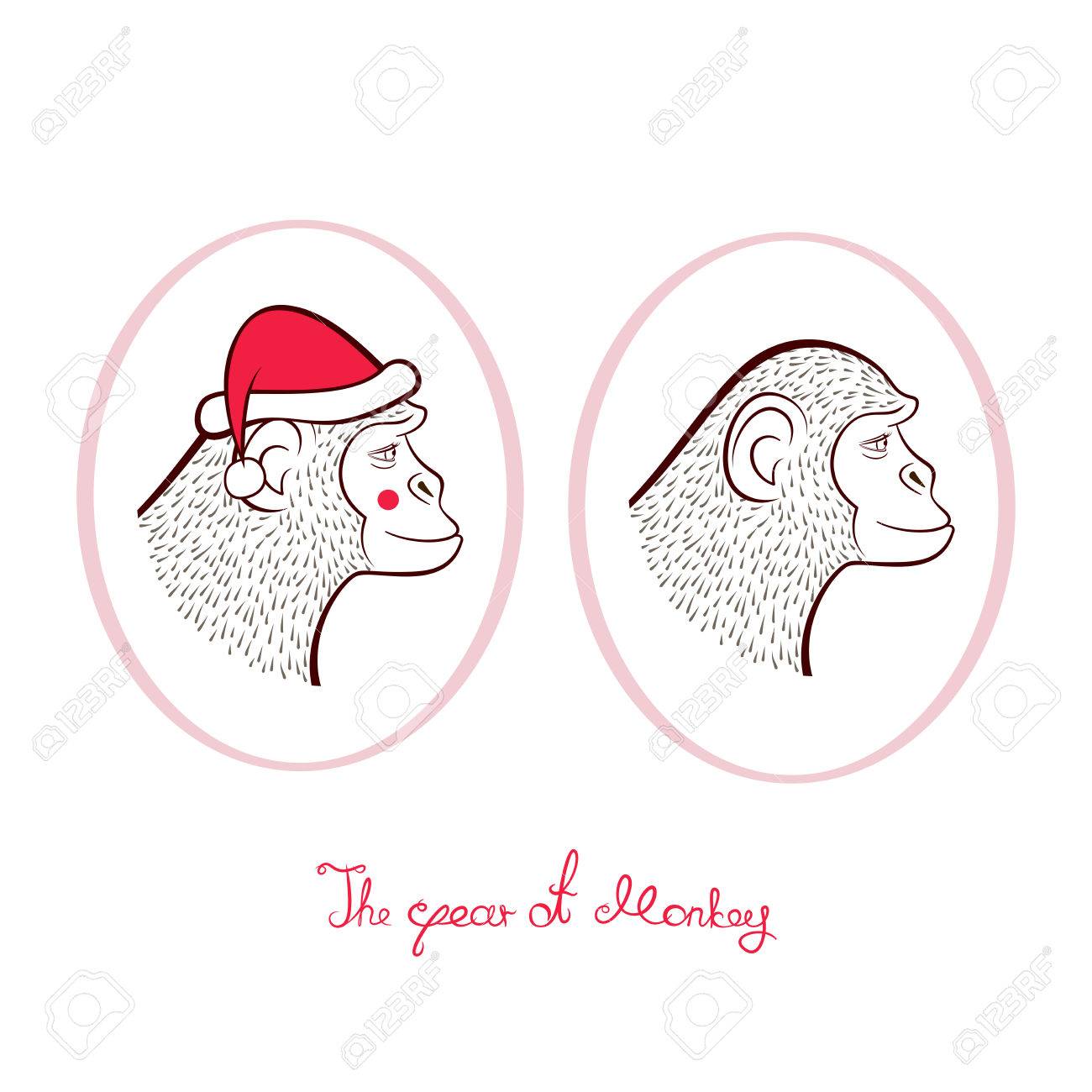 Holiday Set For New Year Pencil Drawing Two Monkeys In Cap Of