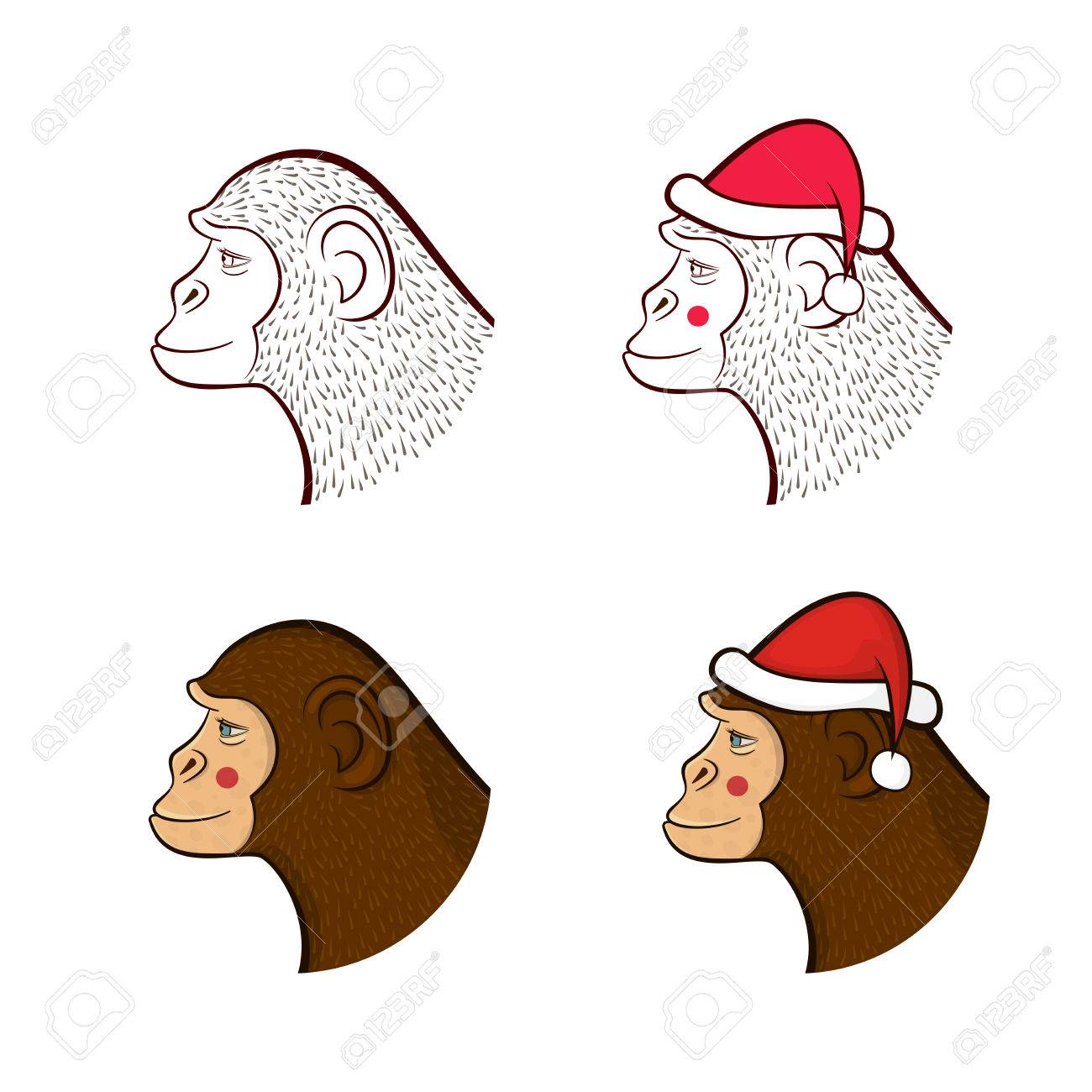 Holiday Set Far New Year Four Different Monkeys In Cap Of Santa