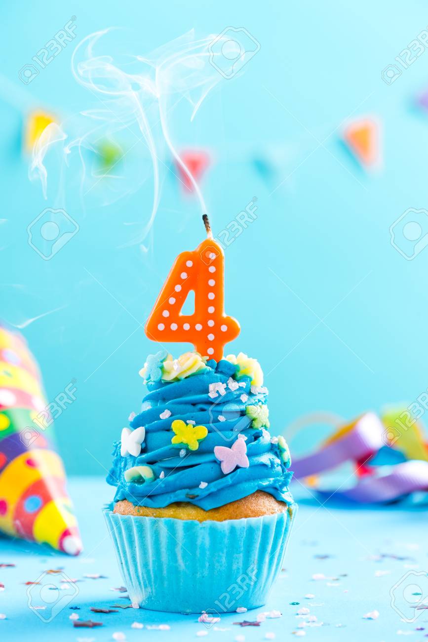 Fourth 4th Birthday Cupcake With Candle 