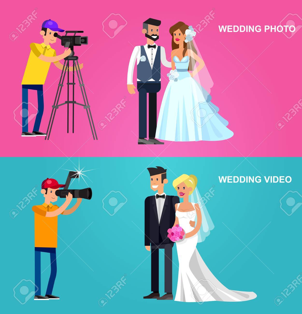 カメラ写真かわいい結婚式のカップルの詳細なキャラクターの写真をクールします ベクトルは 美しい文字の詳細な新郎新婦の笑顔 のイラスト素材 ベクタ Image